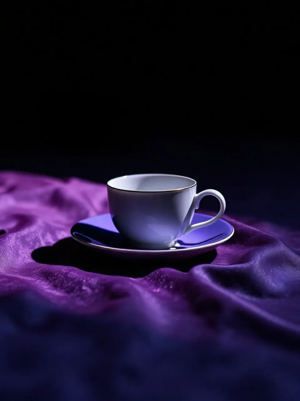 Empty teacup resting on a saucer, on violet raw silk