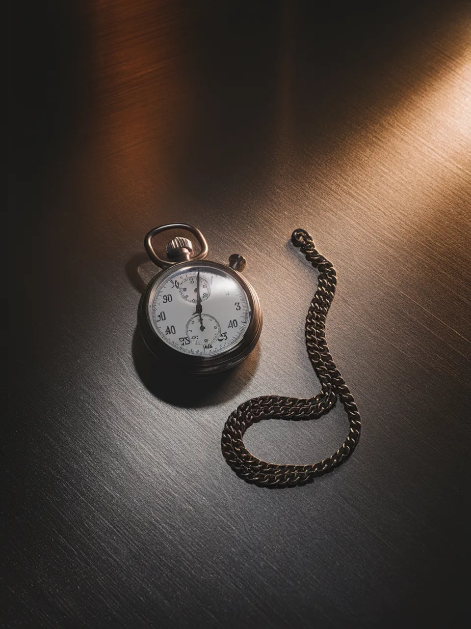 Stopwatch with chain coiled beside the case, on brushed slate steel