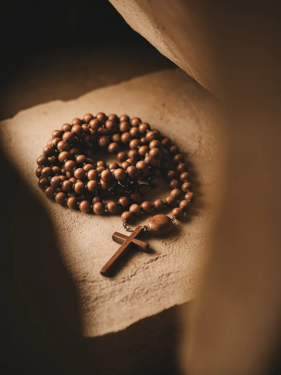 Wooden rosary, beads pooled into a coil, on unfinished stone