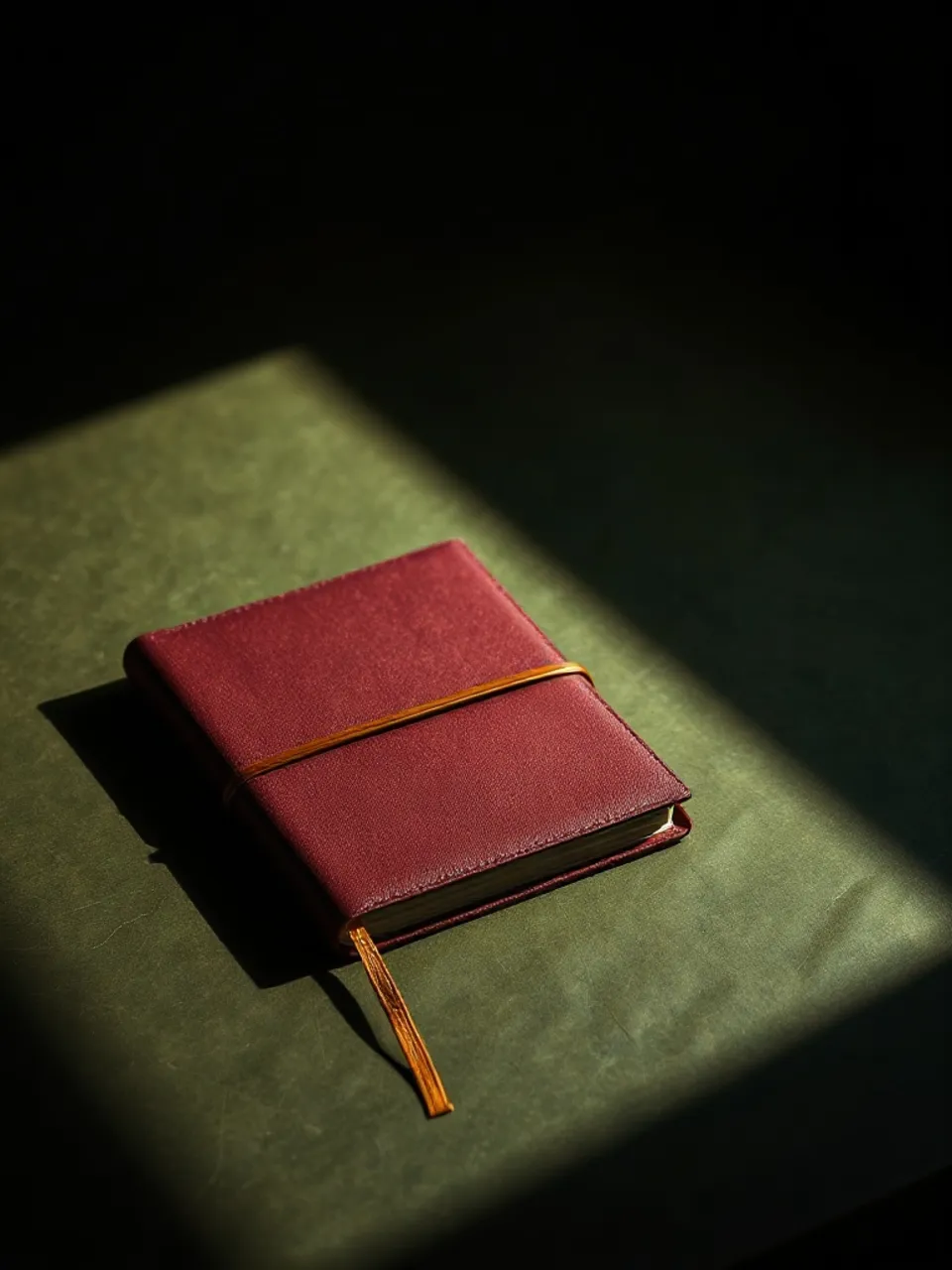 Oxblood linen-bound field notebook, closed, on moss-green vellum
