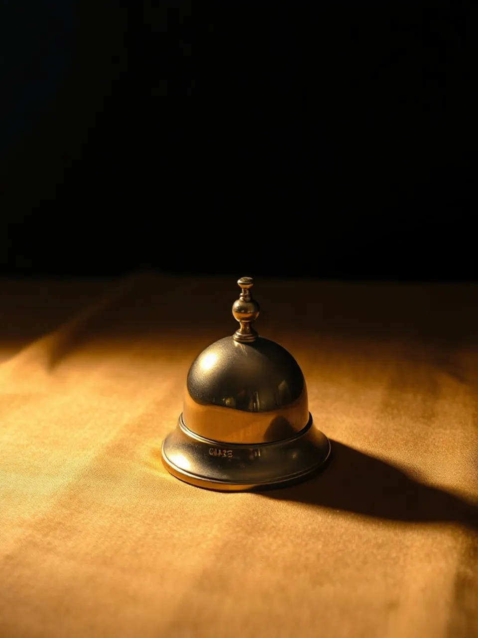 Brass desk bell, dome polished, on goldenrod brocade