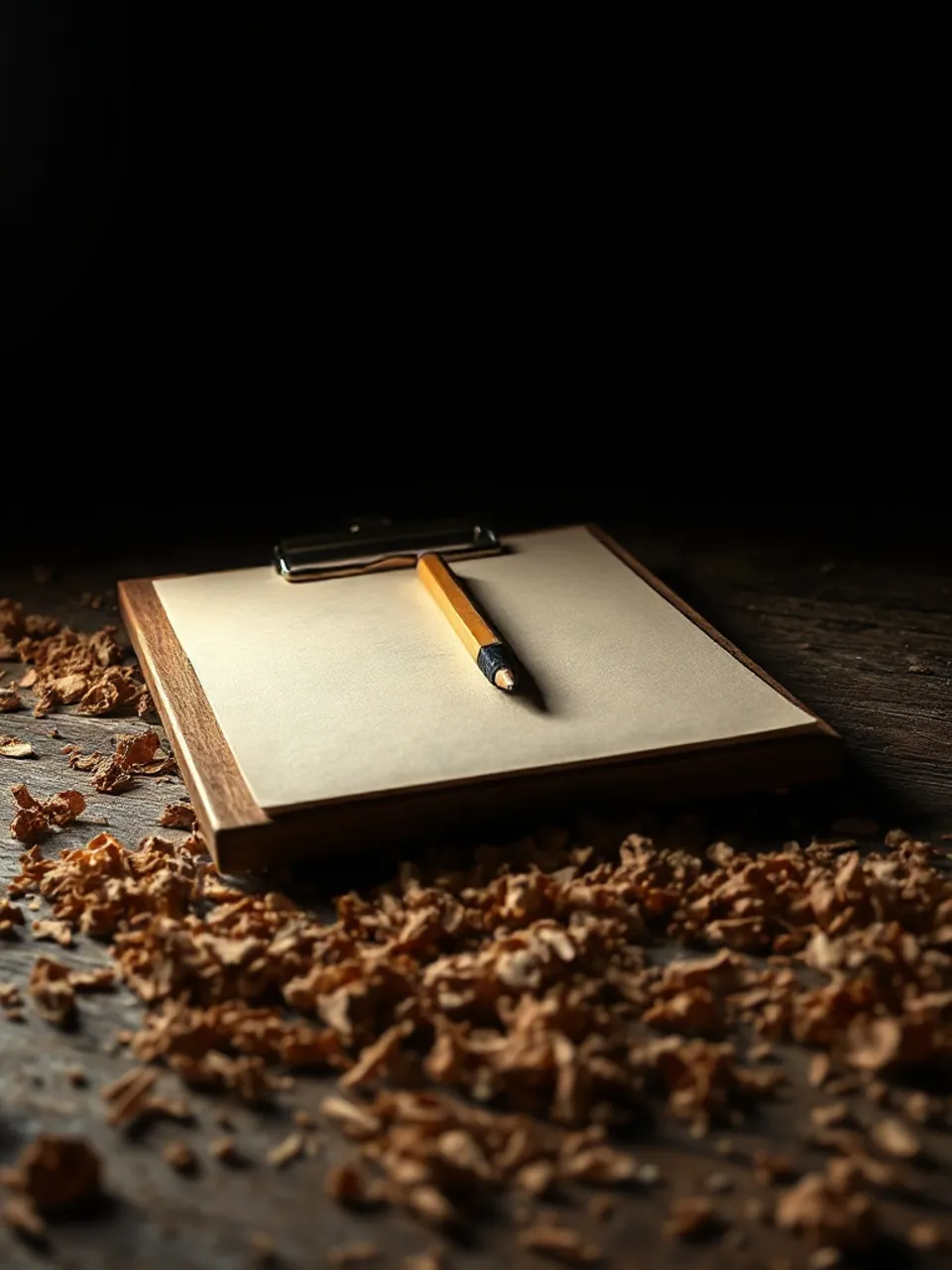 Clipboard with carpenter pencil clipped to the board, on weathered oak with sawdust