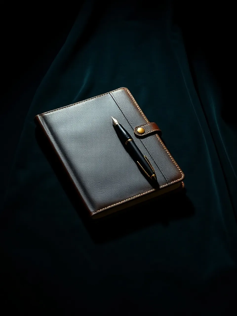 Leather-bound notebook with fountain pen across the cover, on dark teal velvet