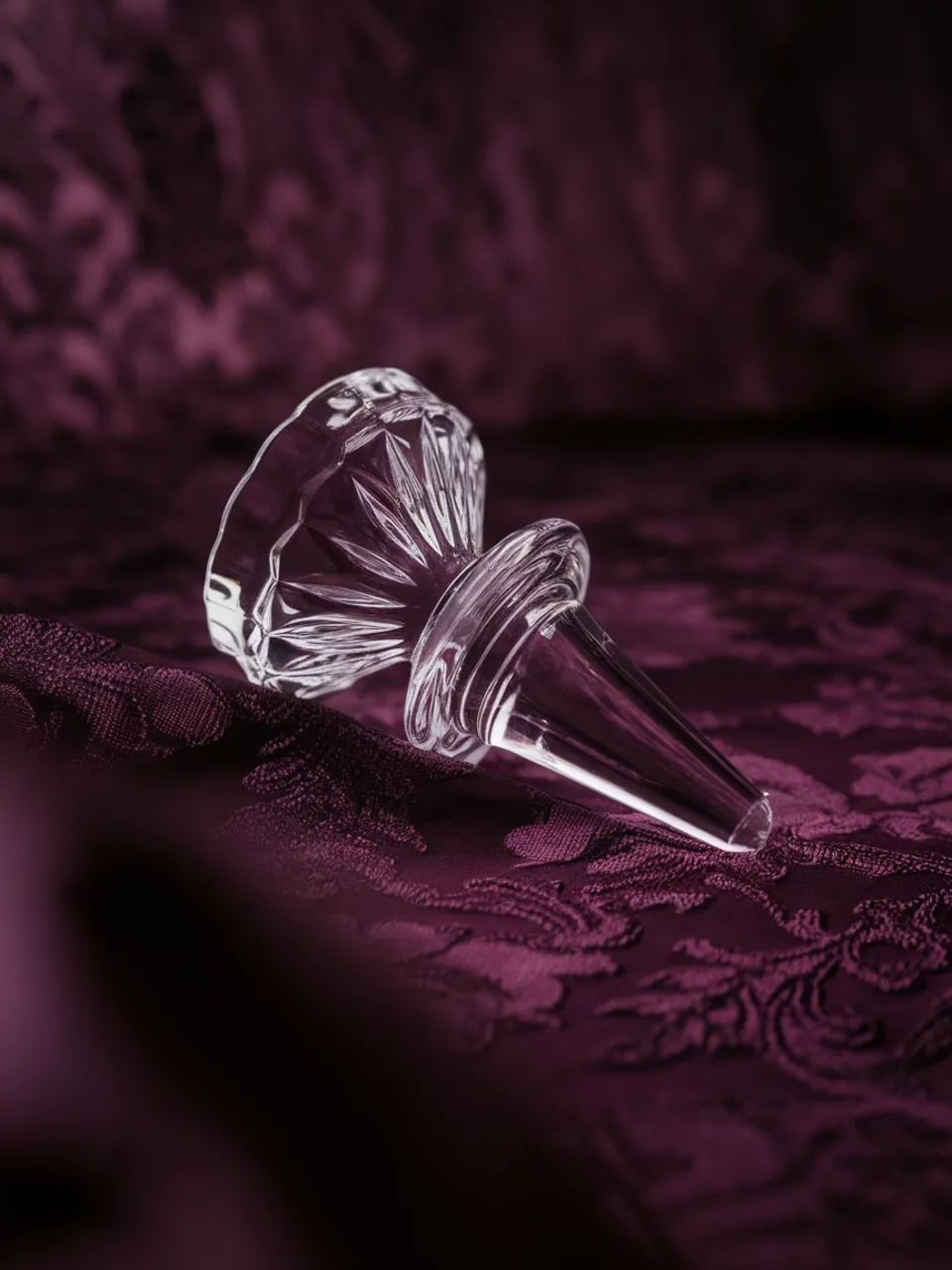 Crystal decanter stopper resting on its rim, on plum damask