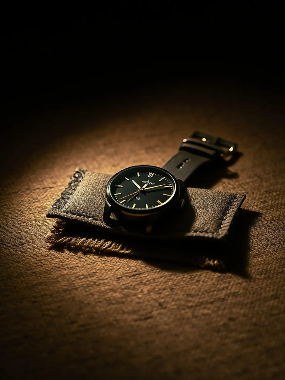 Wristwatch face-up on a desk blotter, on taupe linen weave