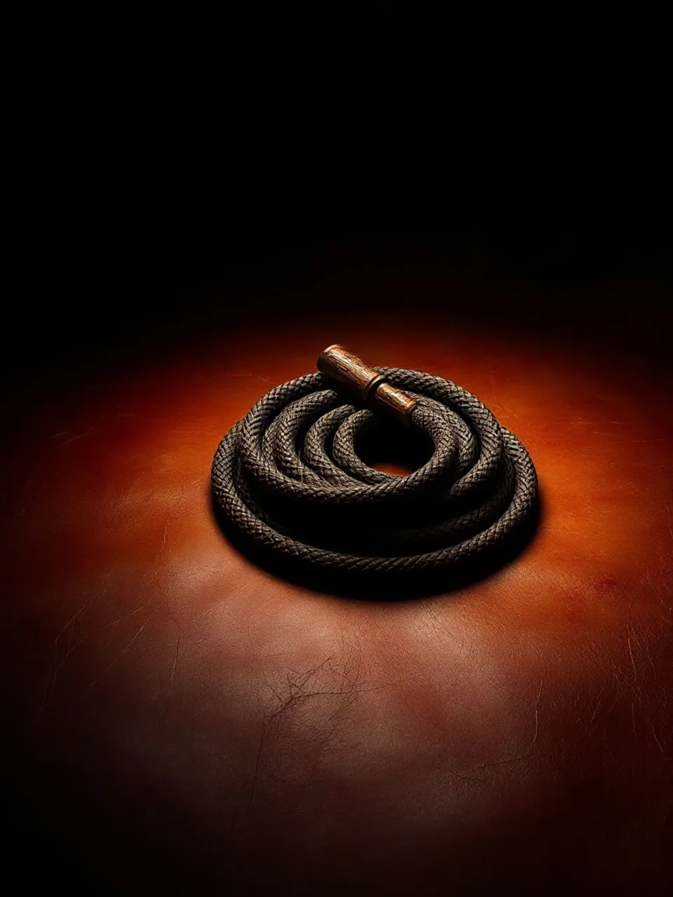 Coiled bullwhip, handle up, on rust-aged leather